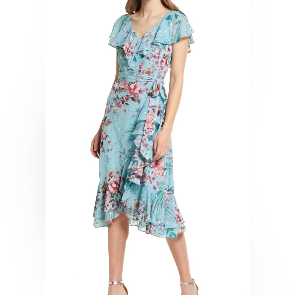 Eliza J Floral Cascading Ruffle Trim Dress NWOT Size 4 (WITHOUT BELT)
